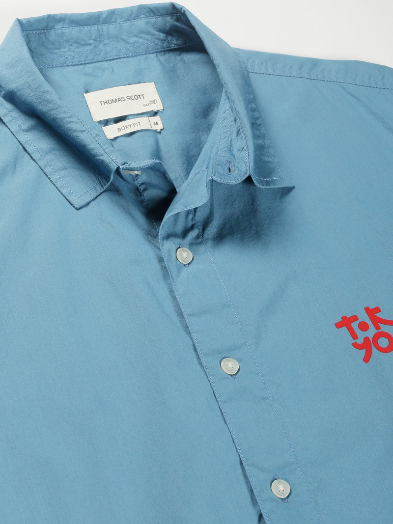 Thomas Scott Men Blue Short Sleeves Boxy Fit Spread Collar Solid 100% Cotton Casual Shirt