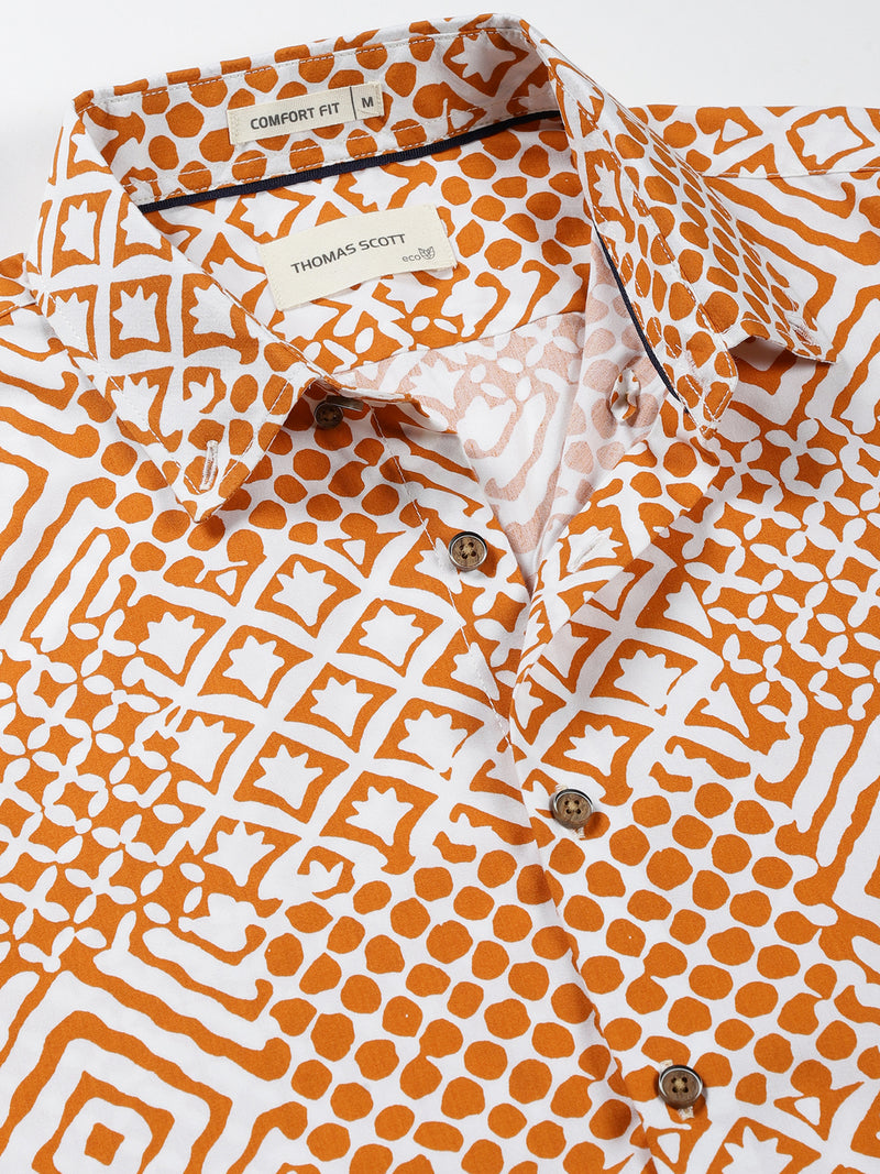 Thomas Scott Men Orange Slim Fit Short Sleeves Button-Down Collar Geometric Printed 100% Cotton Casual Shirt