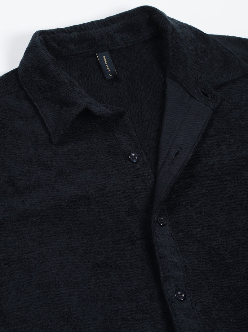 Thomas Scott Men Navy Blue Relaxed Fit Terry Towel Short Sleeves Relaxed Fit Spread Collar Knitted Shirt