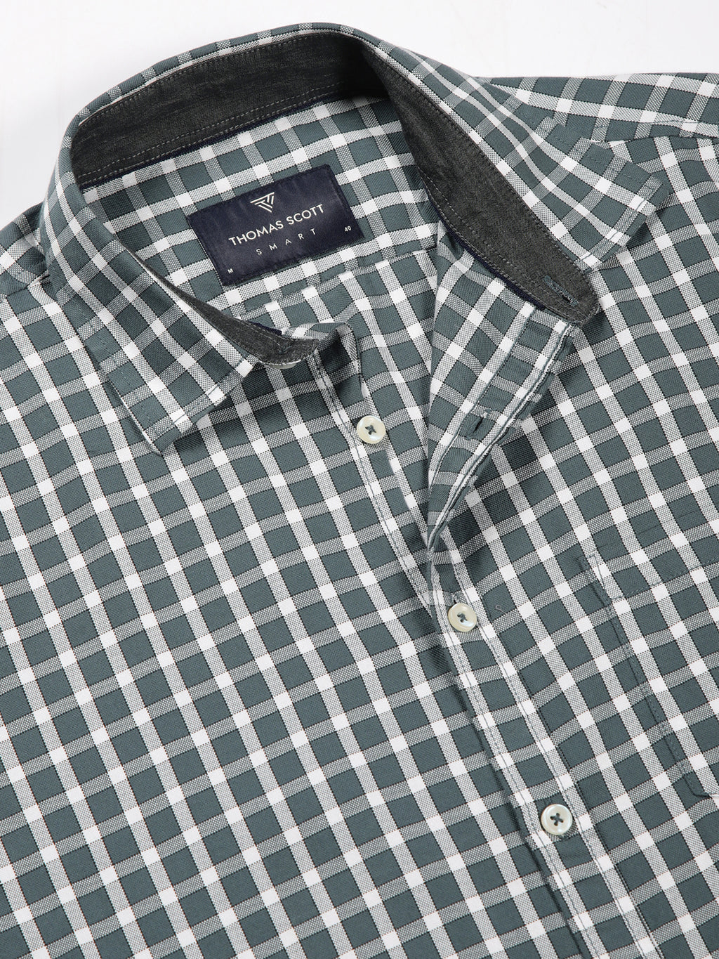 Thomas Scott Men Grey Slim Fit Long Sleeves Gingham Checks Spread Collar 100% Cotton Oxford Casual Shirt