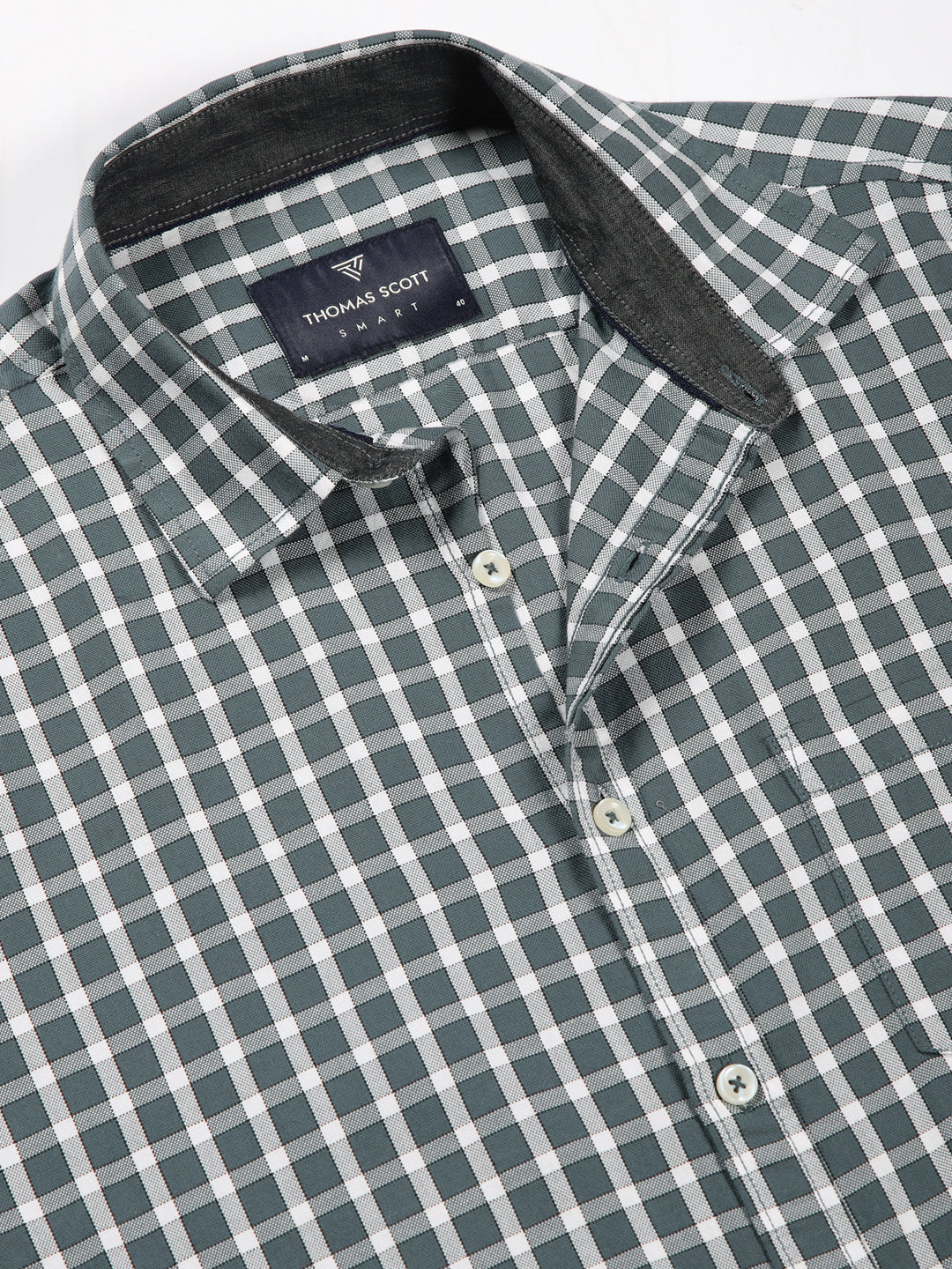 Thomas Scott Men Grey Slim Fit Long Sleeves Gingham Checks Spread Collar 100% Cotton Oxford Casual Shirt