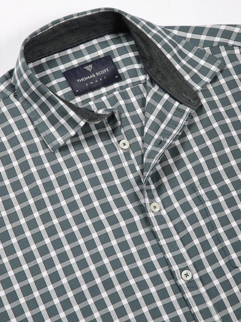 Thomas Scott Men Grey Slim Fit Long Sleeves Gingham Checks Spread Collar 100% Cotton Oxford Casual Shirt