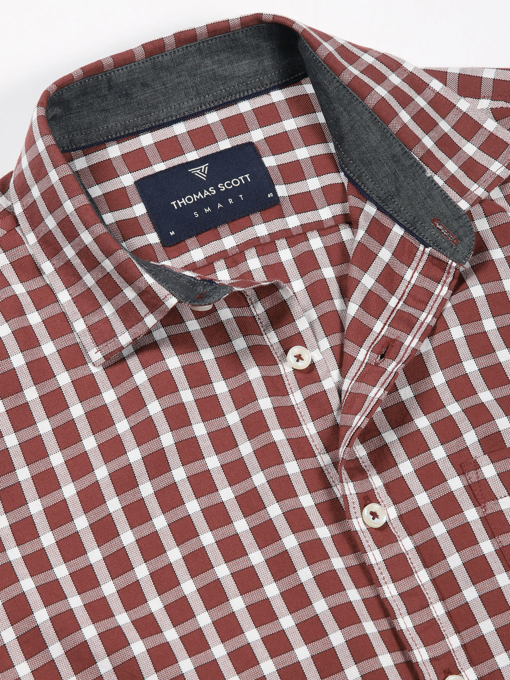 Thomas Scott Men Red Slim Fit Long Sleeves Spread Collar Gingham Checked 100% Cotton Oxford Casual Shirt