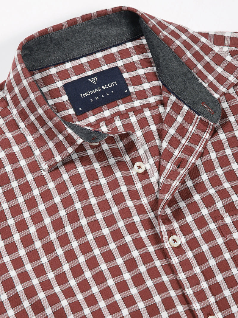 Thomas Scott Men Red Slim Fit Long Sleeves Spread Collar Gingham Checked 100% Cotton Oxford Casual Shirt
