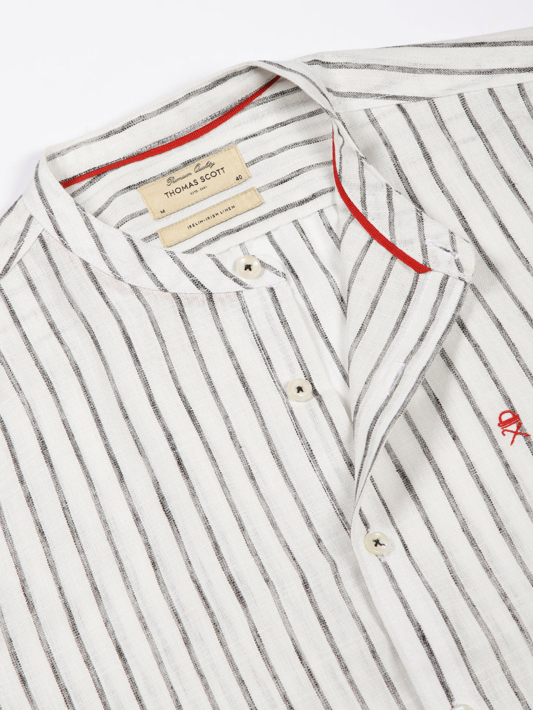 Thomas Scott Men Black Slim Fit Long Roll-Up Sleeves Vertical Striped Mandarin Collar Cotton Linen Casual Shirt