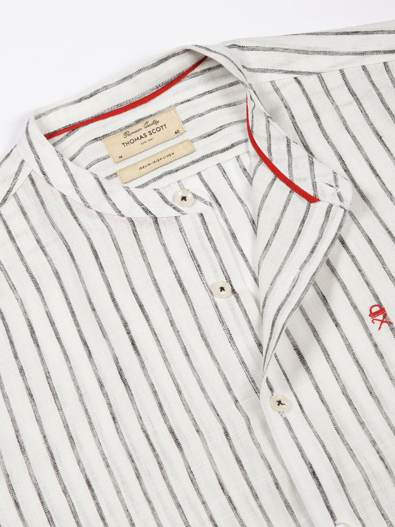 Thomas Scott Men Black Slim Fit Long Roll-Up Sleeves Vertical Striped Mandarin Collar Cotton Linen Casual Shirt