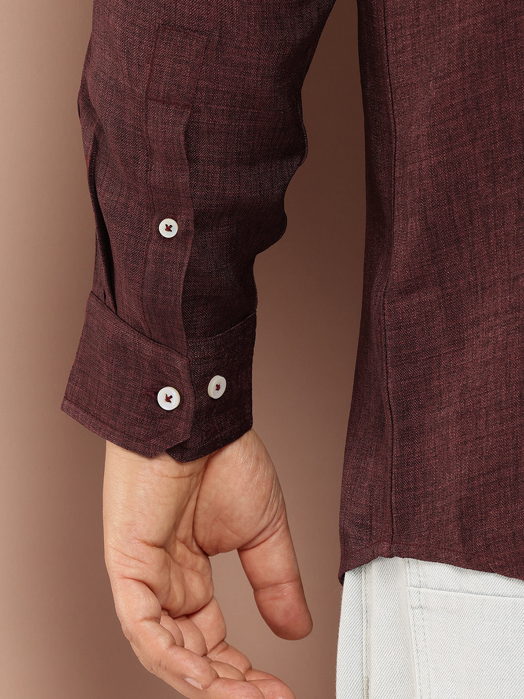 Thomas Scott Men Wine Plus Size Regular Fit Long Roll-Up Sleeves Button-Down Collar Solid Casual Shirt