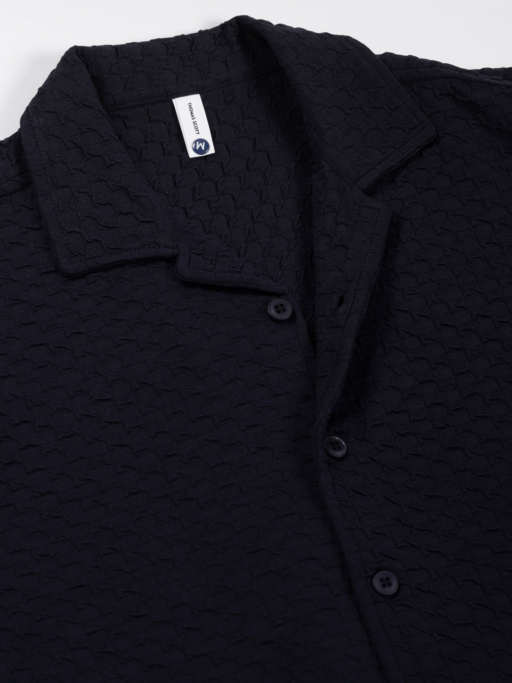 Thomas Scott Men Navy Relaxed Fit Short Sleeves Cuban Collar Textured Cotton Casual Shirt