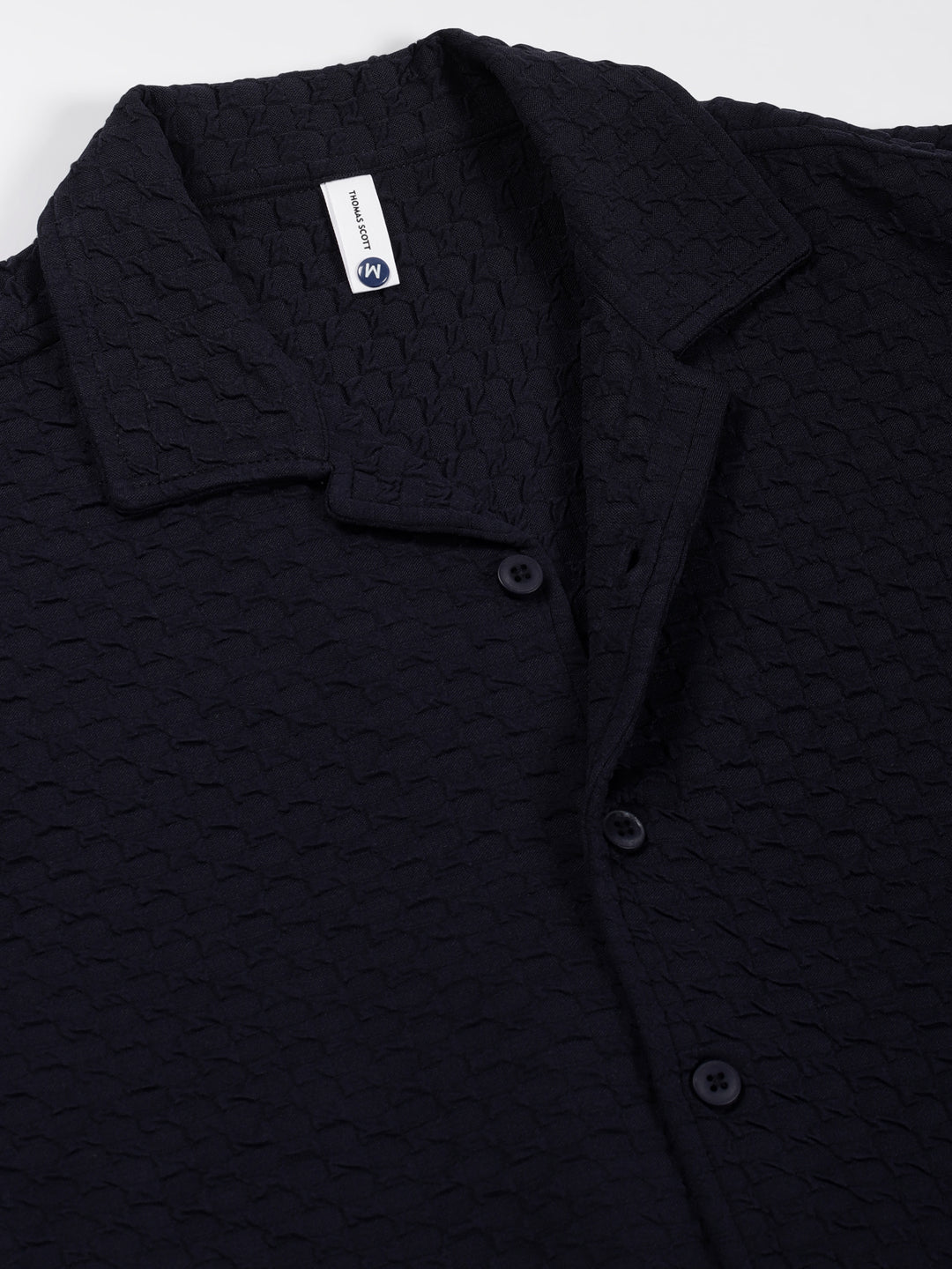Thomas Scott Men Navy Relaxed Fit Short Sleeves Cuban Collar Textured Cotton Casual Shirt