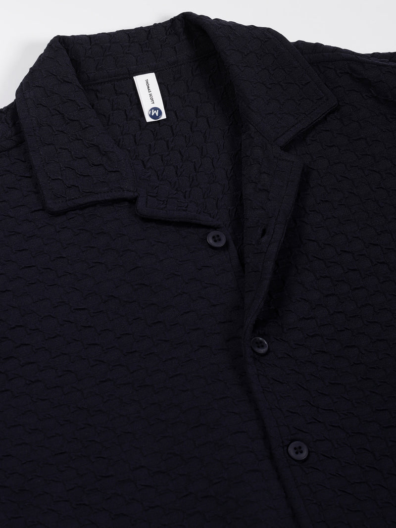 Thomas Scott Men Navy Relaxed Fit Short Sleeves Cuban Collar Textured Cotton Casual Shirt