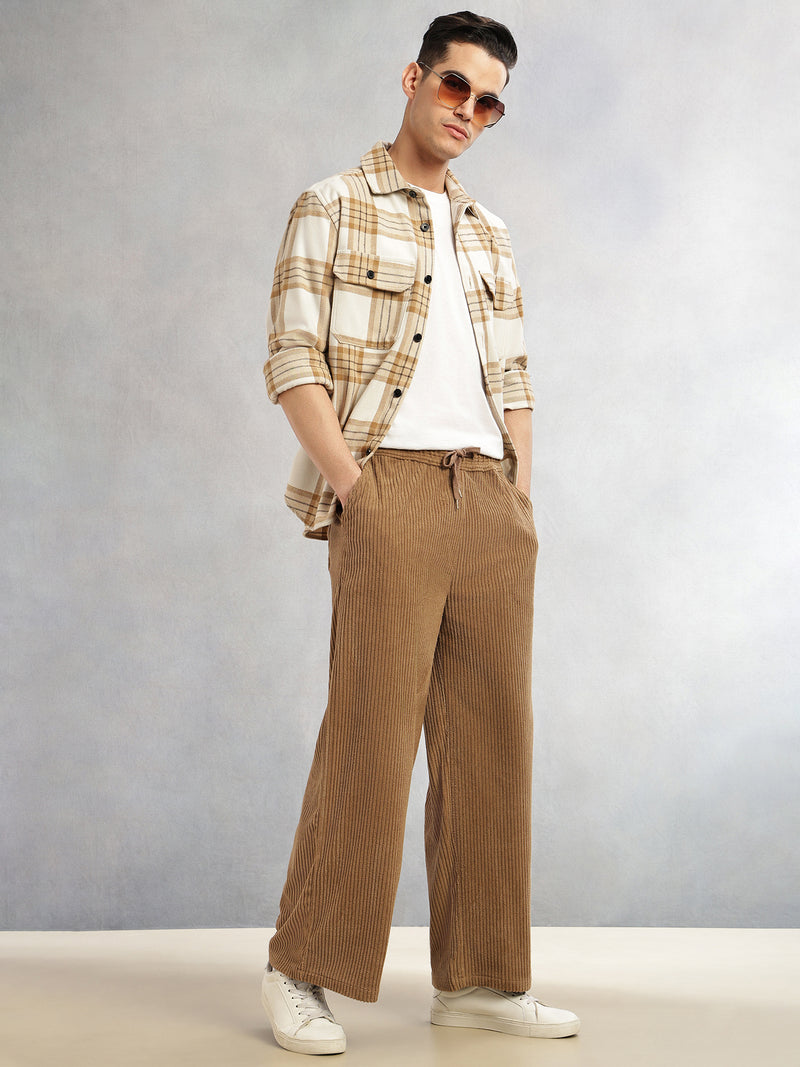 Thomas Scott Men Khaki Cricket Club Collection Regular Fit Textured Corduroy Trousers