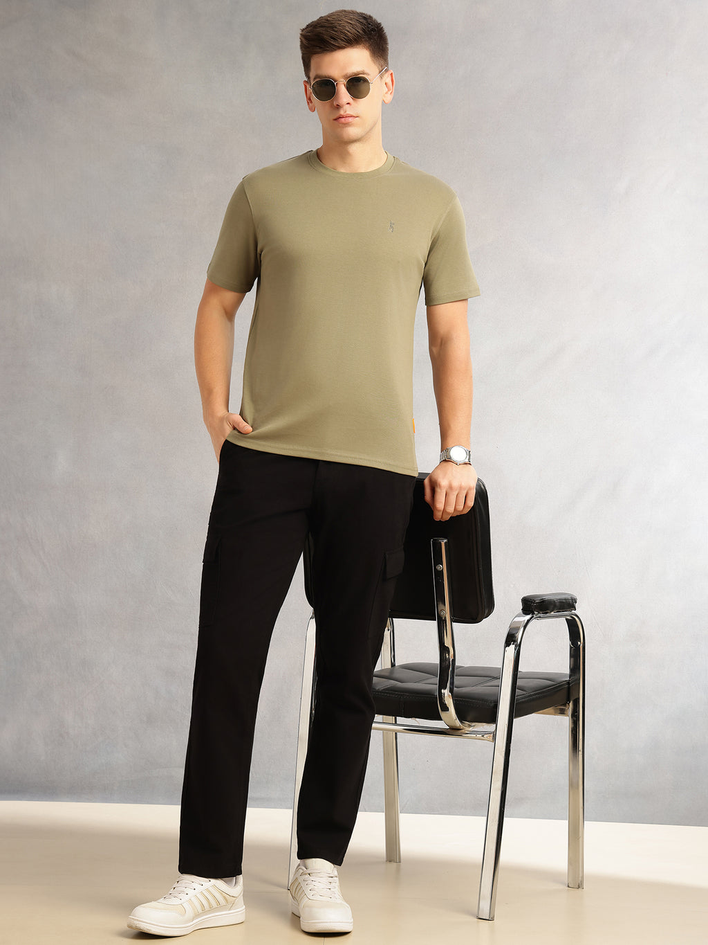 Thomas Scott Men Olive Cricket Club Collection Regular Fit Short Sleeves Round Neck Solid 100% Cotton Knitted Tshirt