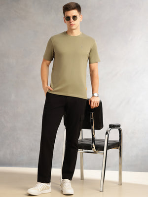 Thomas Scott Men Olive Cricket Club Collection Regular Fit Short Sleeves Round Neck Solid 100% Cotton Knitted Tshirt
