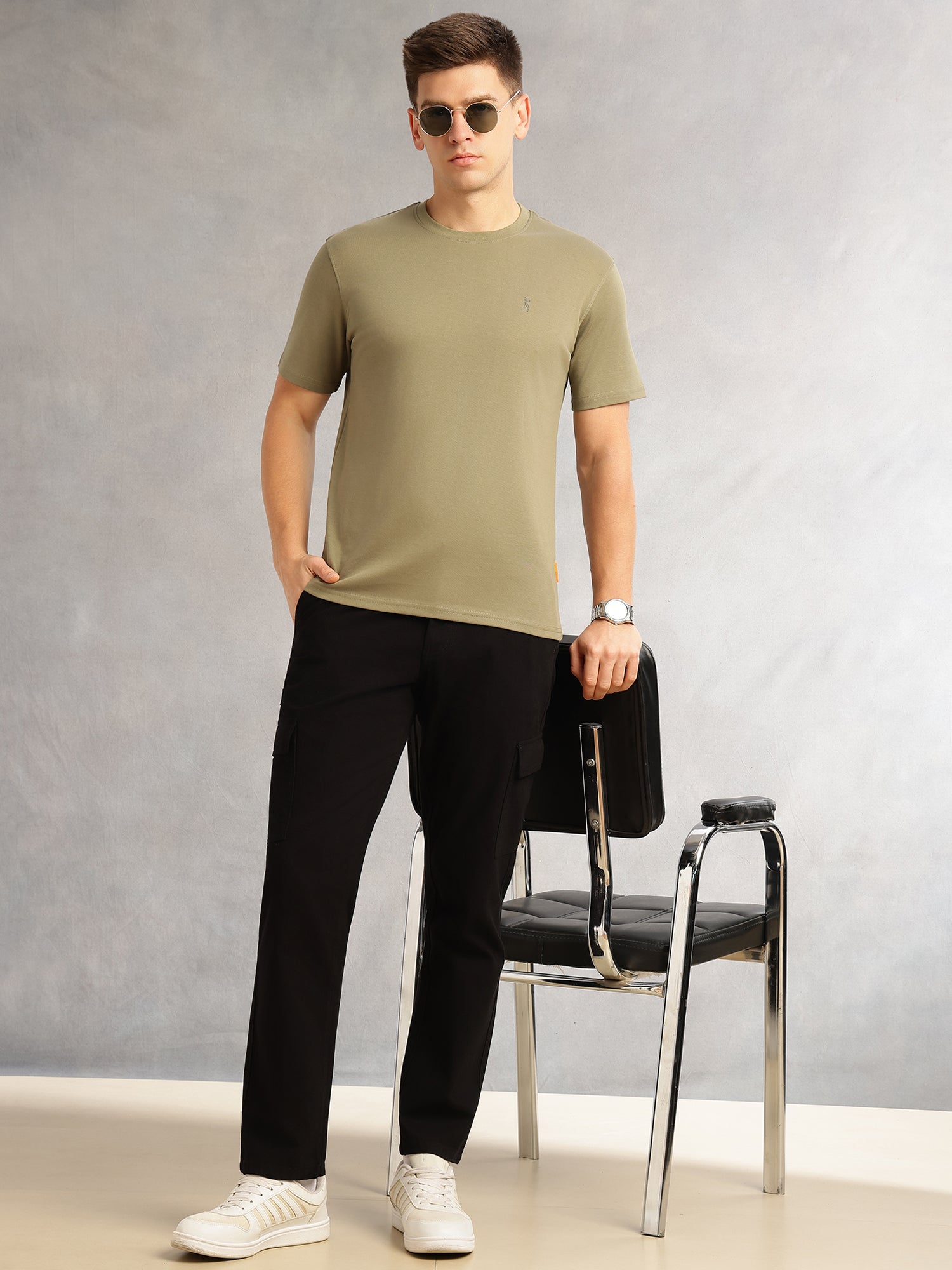 Thomas Scott Men Olive Cricket Club Collection Regular Fit Short Sleeves Round Neck Solid 100% Cotton Knitted Tshirt