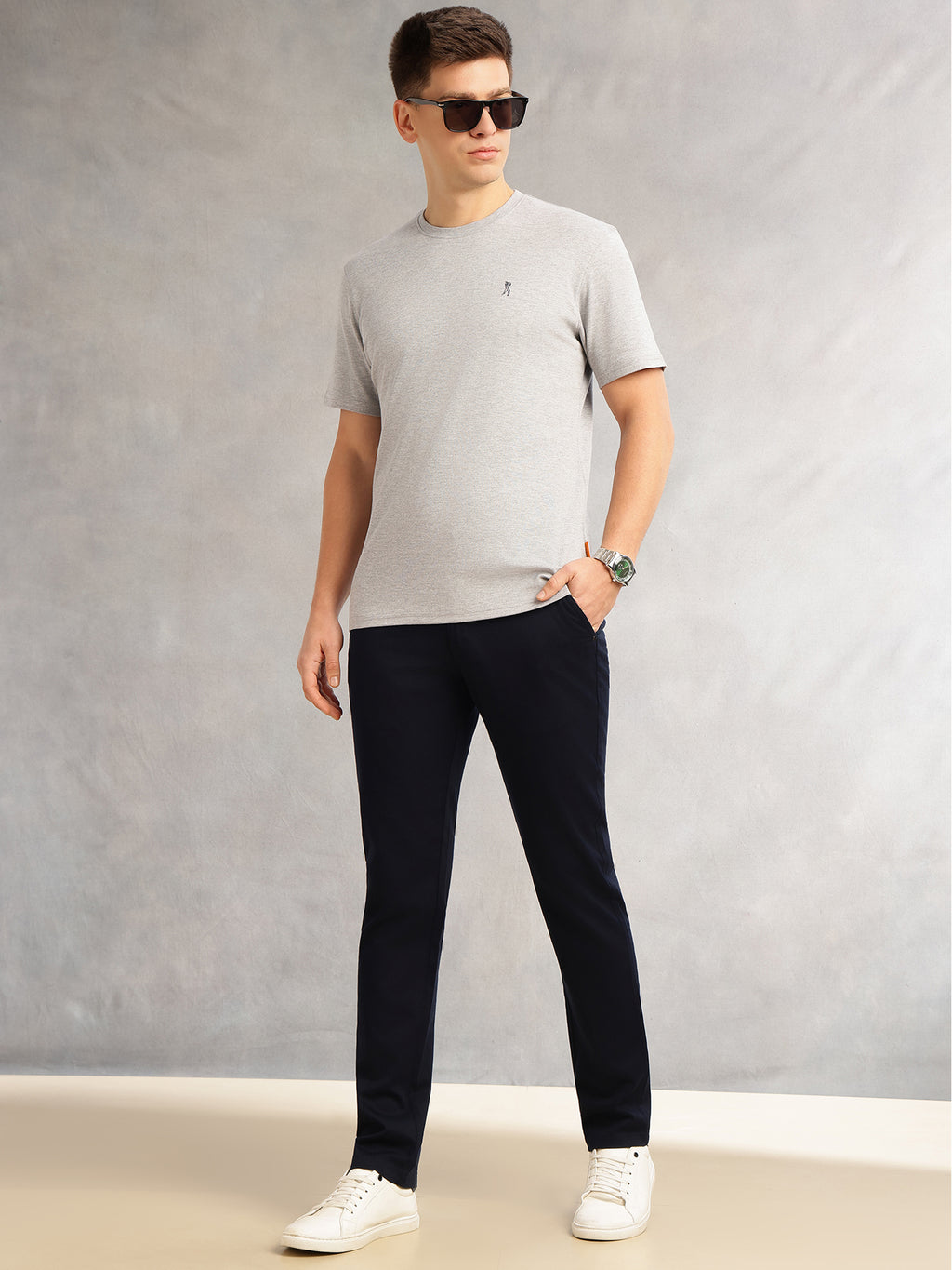 Thomas Scott Men Grey Melange Cricket Club Collection Regular Fit Short Sleeves Round Neck Solid 100% Cotton Knitted Tshirt