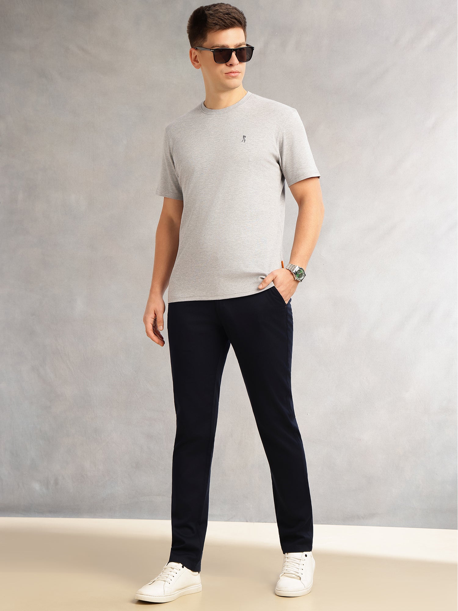 Thomas Scott Men Grey Melange Cricket Club Collection Regular Fit Short Sleeves Round Neck Solid 100% Cotton Knitted Tshirt