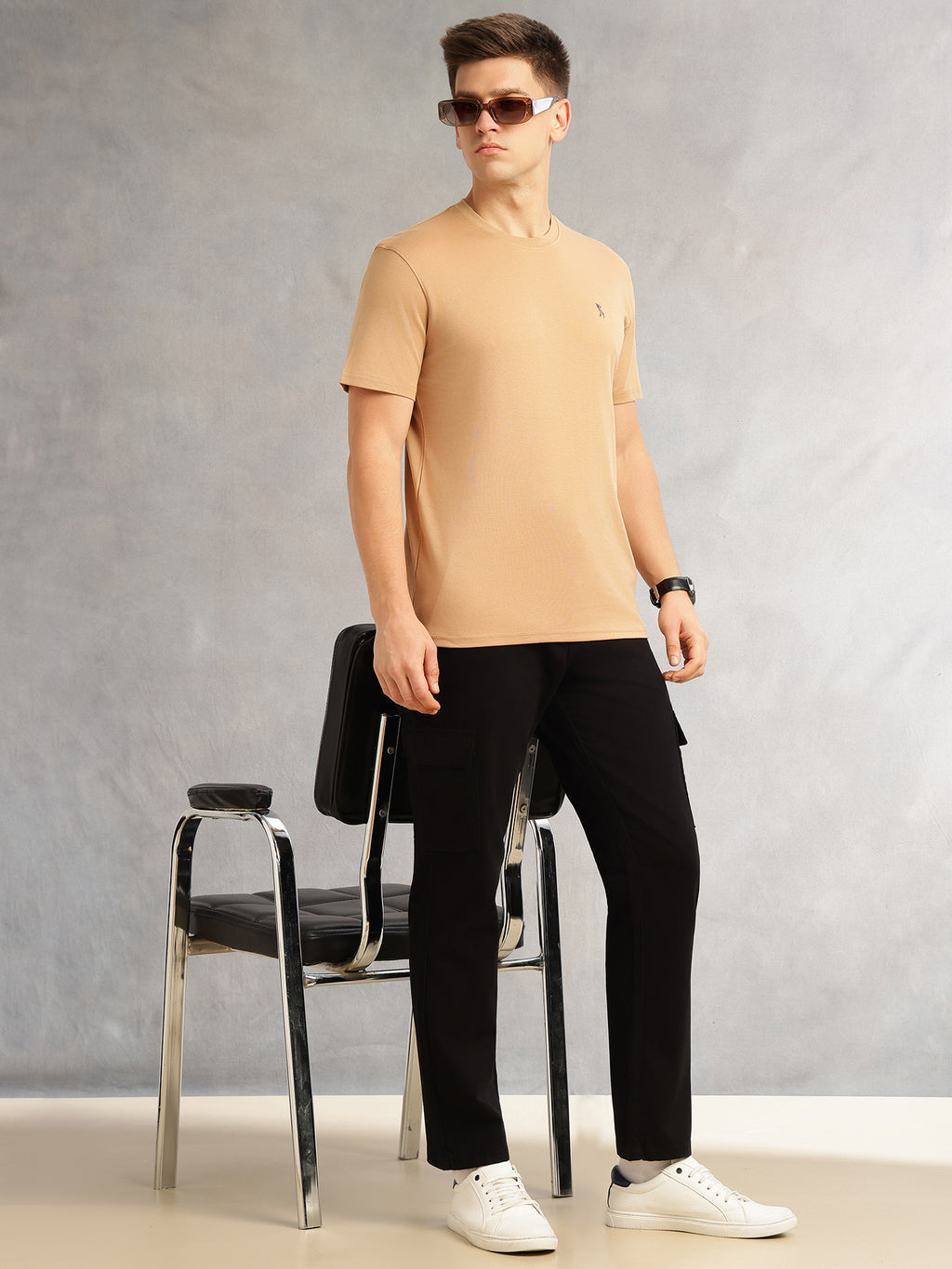 Thomas Scott Men Beige Cricket Club Collection Regular Fit Short Sleeves Round Neck Solid 100% Cotton Knitted Tshirt