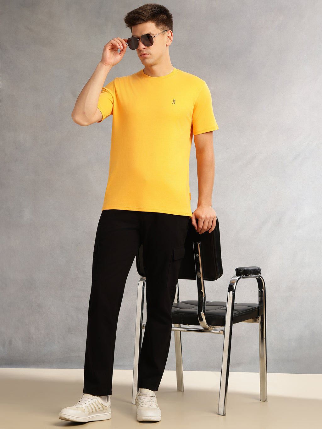 Thomas Scott Men Yellow Cricket Club Collection Regular Fit Short Sleeves Round Neck Solid 100% Cotton Knitted Tshirt