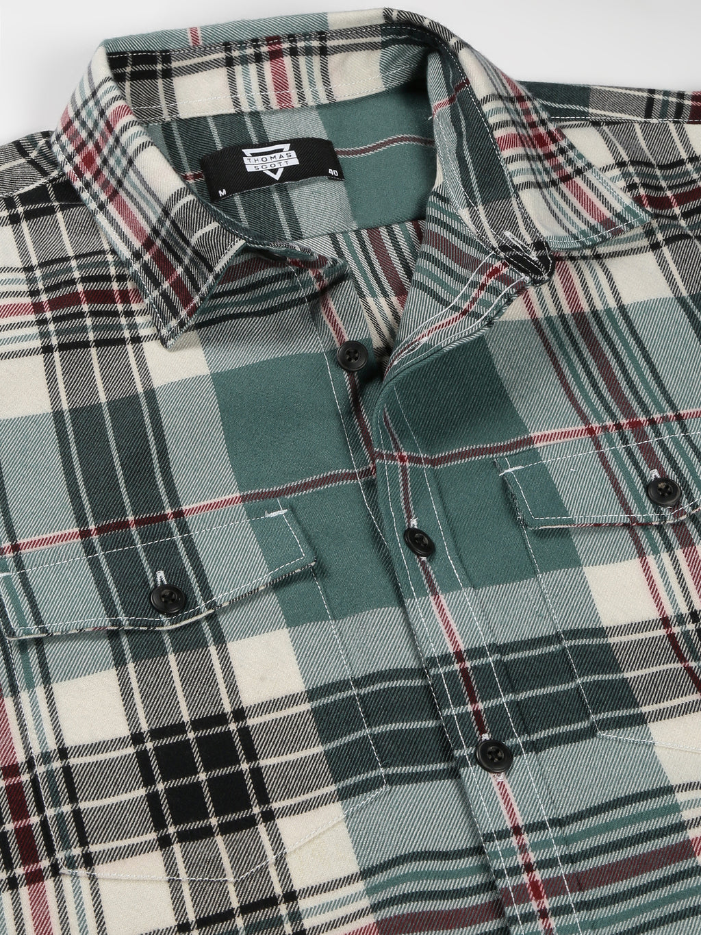 Thomas Scott Men Green Regular Fit Long Sleeves Spread Collar Tartan Checks Double Pocket Knitted Casual Shirt