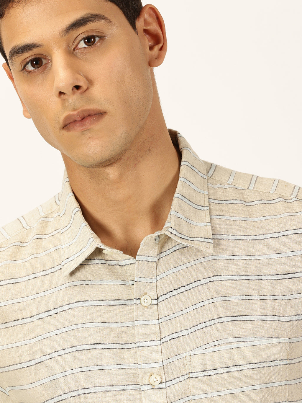 Thomas Scott Men Beige Long Sleeves Slim Fit Spread Collar Horizontal Stripes Linen Casual Shirt