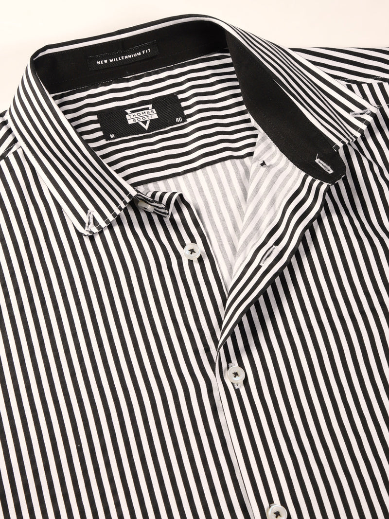 Thomas Scott Men Black Long Sleeves Regular Fit Button-Down Collar Vertical Stripes 100% Cotton Formal Shirt