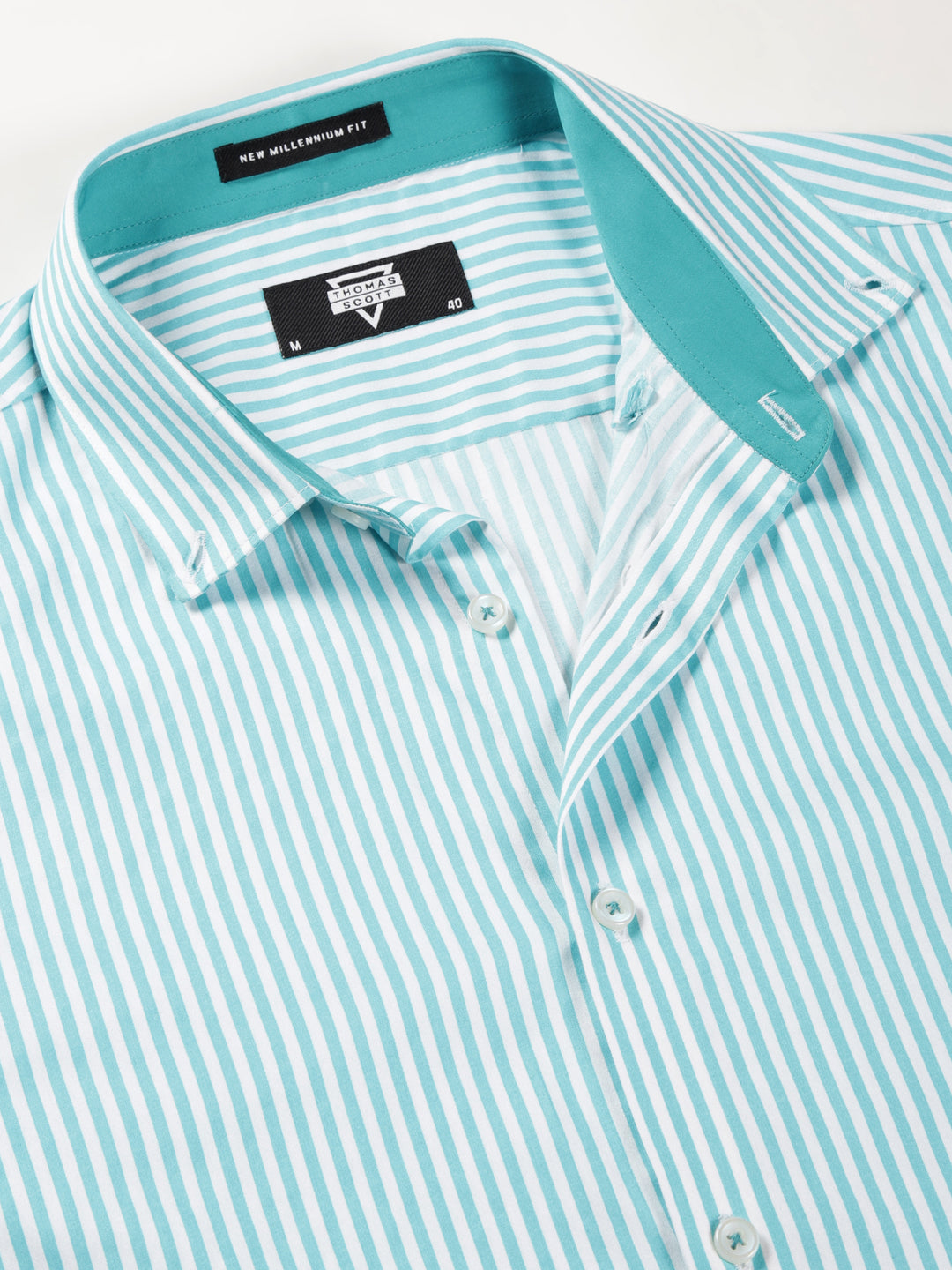 Thomas Scott Men Aqua Regular Fit Long Sleeves Button-Down Collar Pinstripes Cotton Formal Shirt