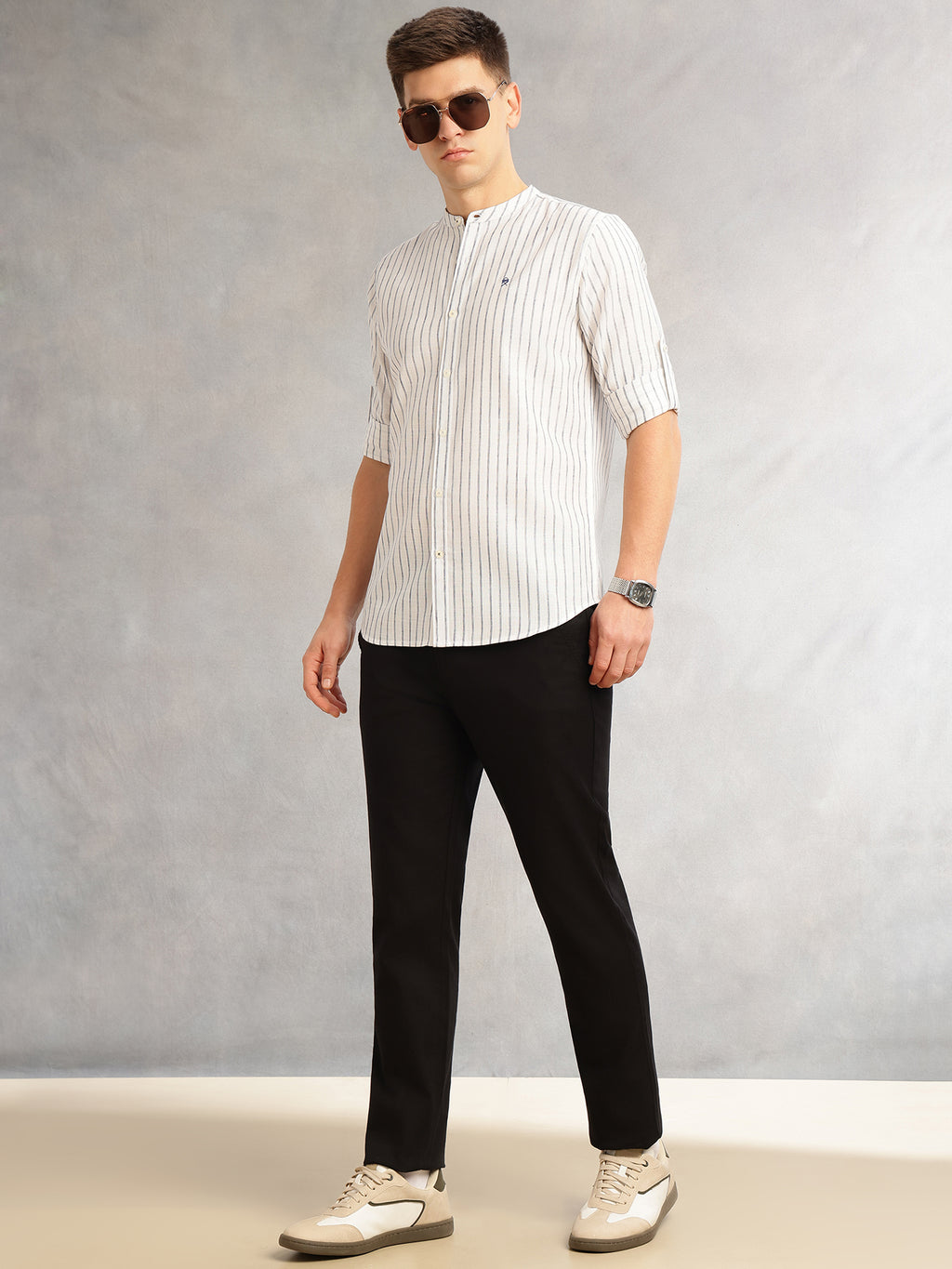 Thomas Scott Men Navy Slim Fit Three-Quarter Roll-Up Sleeves Mandarin Collar Vertical Stripes Cotton Linen Casual Shirt