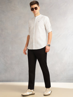 Thomas Scott Men Navy Slim Fit Three-Quarter Roll-Up Sleeves Mandarin Collar Vertical Stripes Cotton Linen Casual Shirt