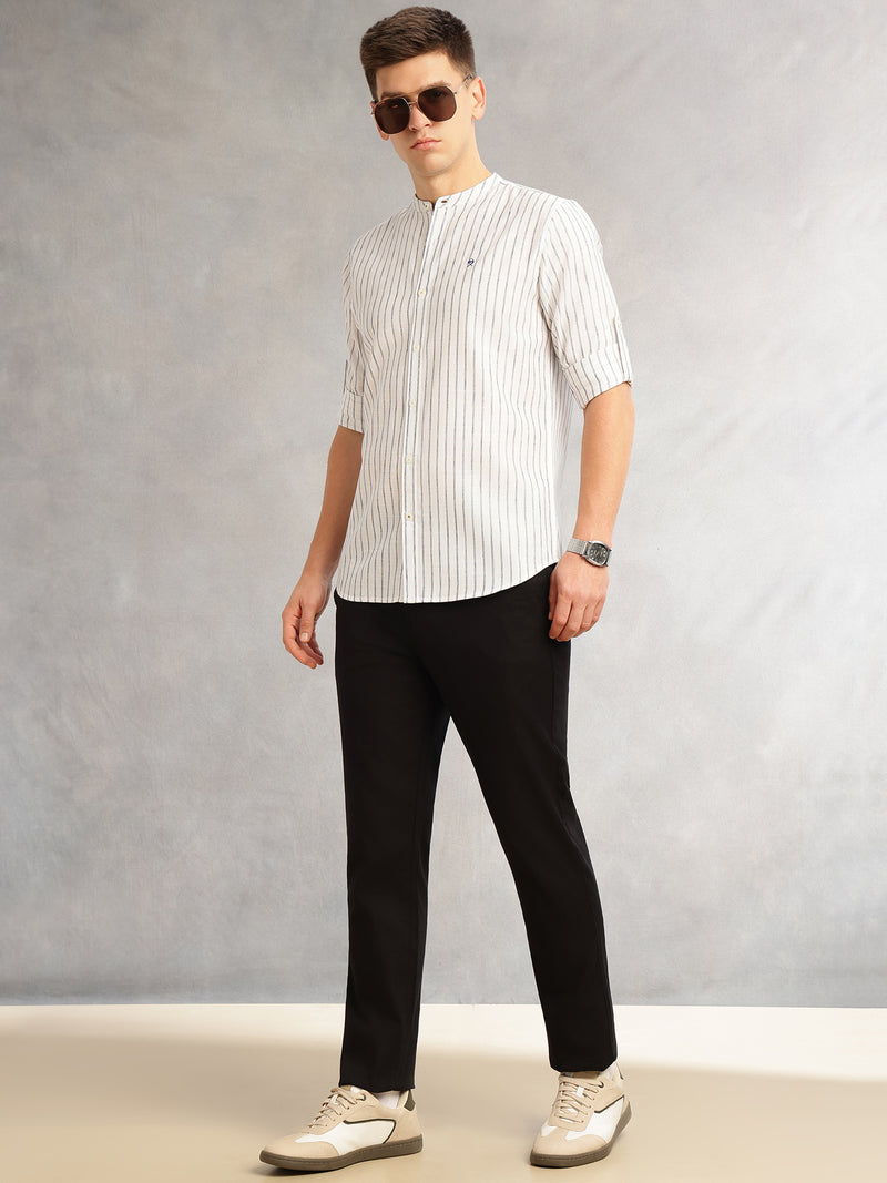 Thomas Scott Men Navy Slim Fit Three-Quarter Roll-Up Sleeves Mandarin Collar Vertical Stripes Cotton Linen Casual Shirt