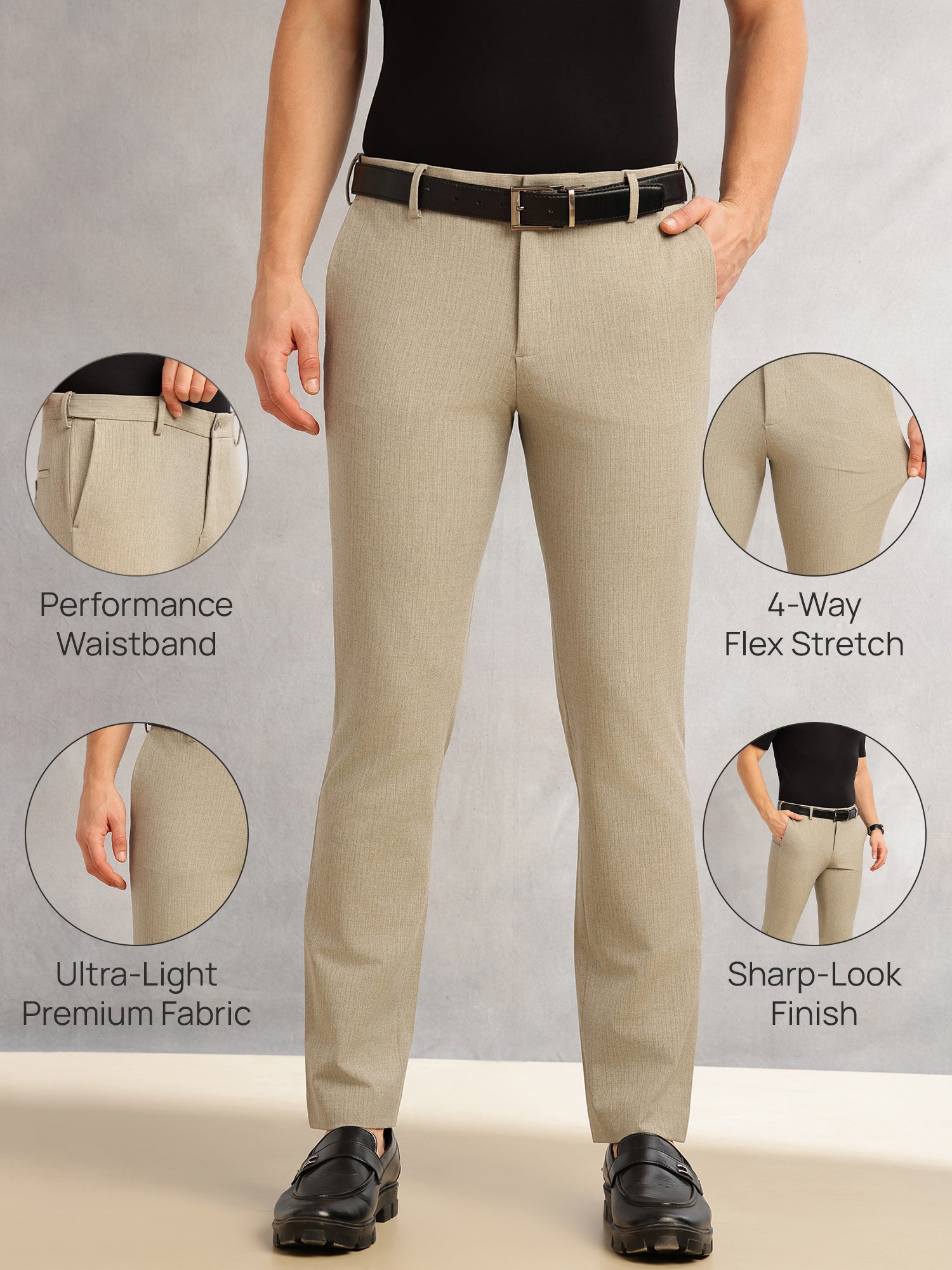 Thomas Scott Men Khaki Slim Fit Mid-Rise Flexi-Waist 4-Way Stretch Solid Formal Performance Trouser