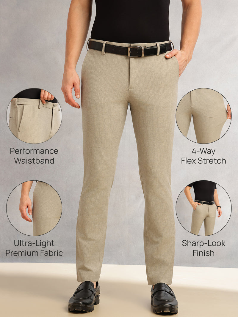 Thomas Scott Men Khaki Slim Fit Mid-Rise Flexi-Waist 4-Way Stretch Solid Formal Performance Trouser