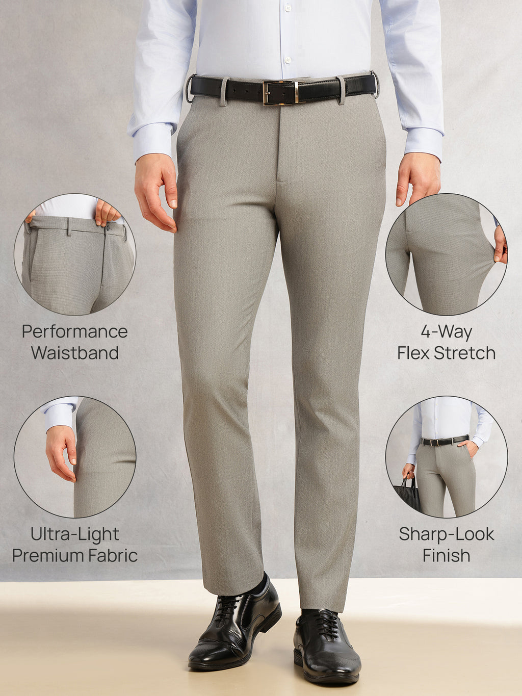 Thomas Scott Men Dark Grey Slim Fit Mid-Rise Flexi-Waist 4-Way Stretch Solid Formal Performance Trouser