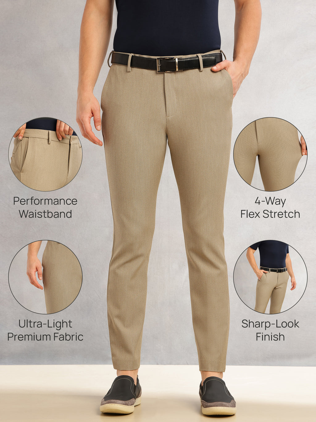 Thomas Scott Men Dark Khaki Slim Fit Mid-Rise Flexi-Waist 4-Way Stretch Solid Formal Performance Trouser