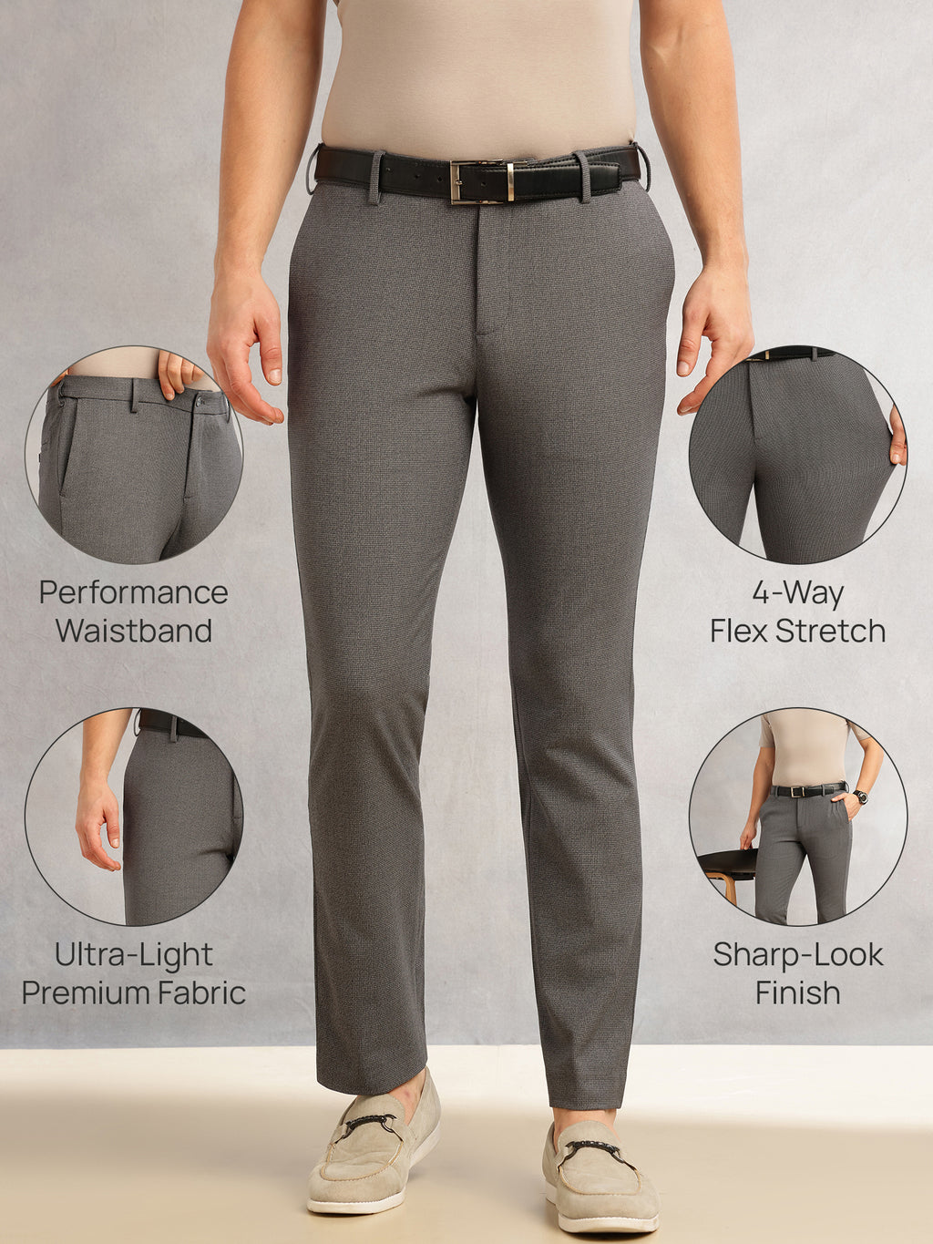 Thomas Scott Men Grey Slim Fit Mid-Rise Flexi-Waist 4-Way Stretch Solid Formal Performance Trouser