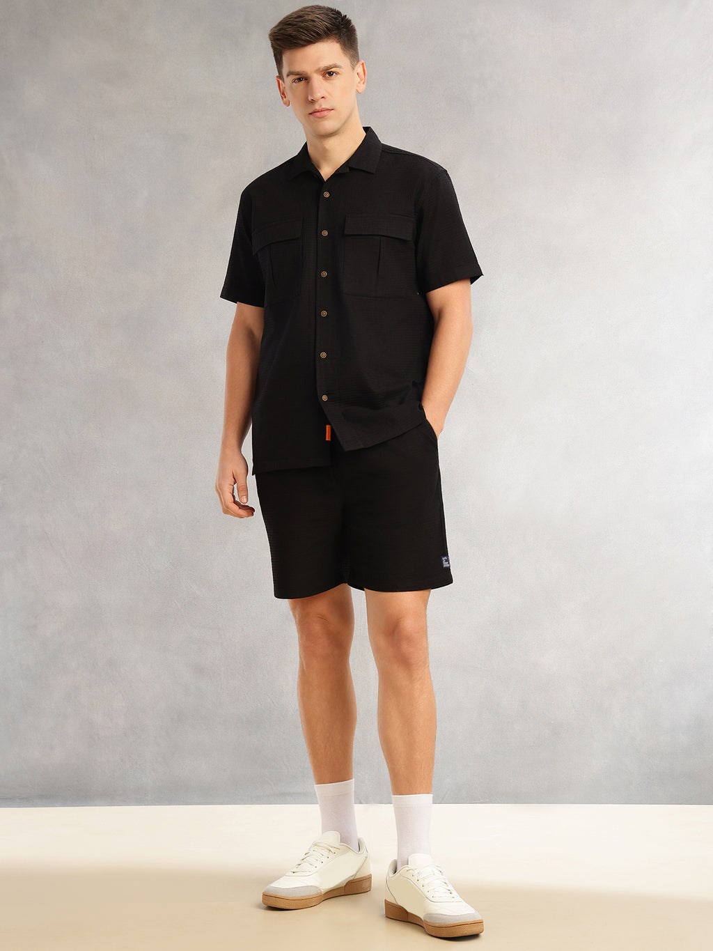 Thomas Scott Men Black Cricket Club Collection Regular Fit Short Sleeves Self Design 100% Cotton Co-Ord Set with Shirt Collar