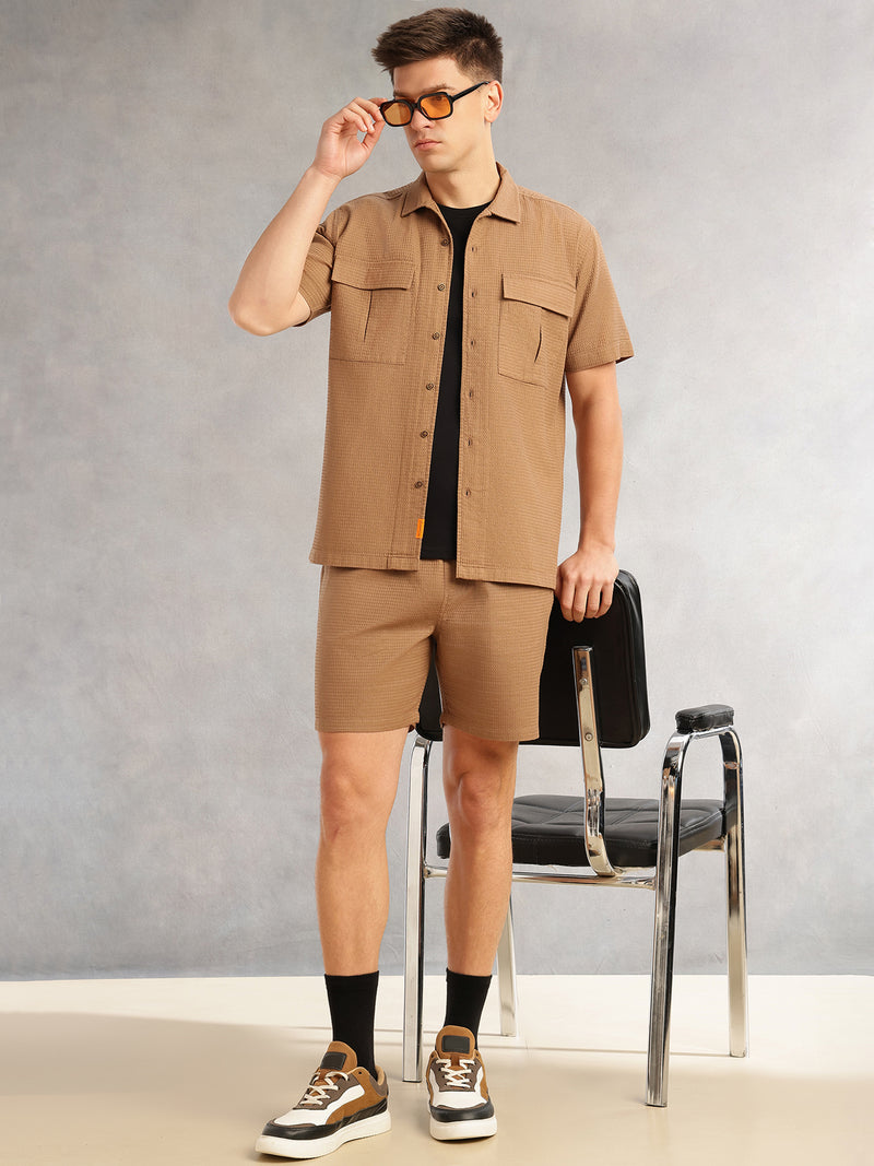 Thomas Scott Men Brown Cricket Club Collection Regular Fit Short Sleeves Self Design 100% Cotton Co-Ord Set with Shirt Collar