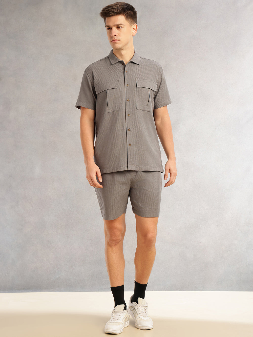 Thomas Scott Men Grey Cricket Club Collection Regular Fit Short Sleeves Self Design 100% Cotton Co-Ord Set with Shirt Collar