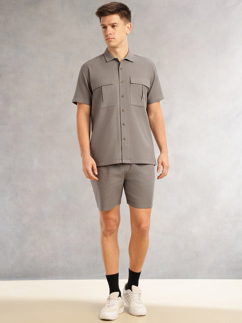 Thomas Scott Men Grey Cricket Club Collection Regular Fit Short Sleeves Self Design 100% Cotton Co-Ord Set with Shirt Collar