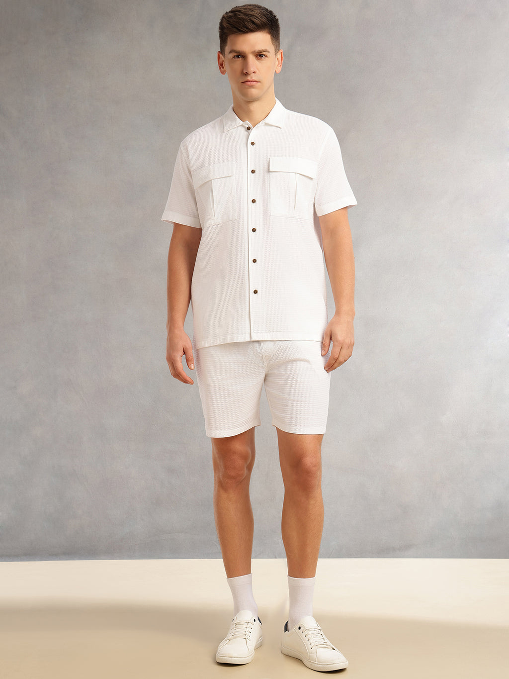 Thomas Scott Men White Cricket Club Collection Regular Fit Short Sleeves Self Design 100% Cotton Co-Ord Set with Shirt Collar