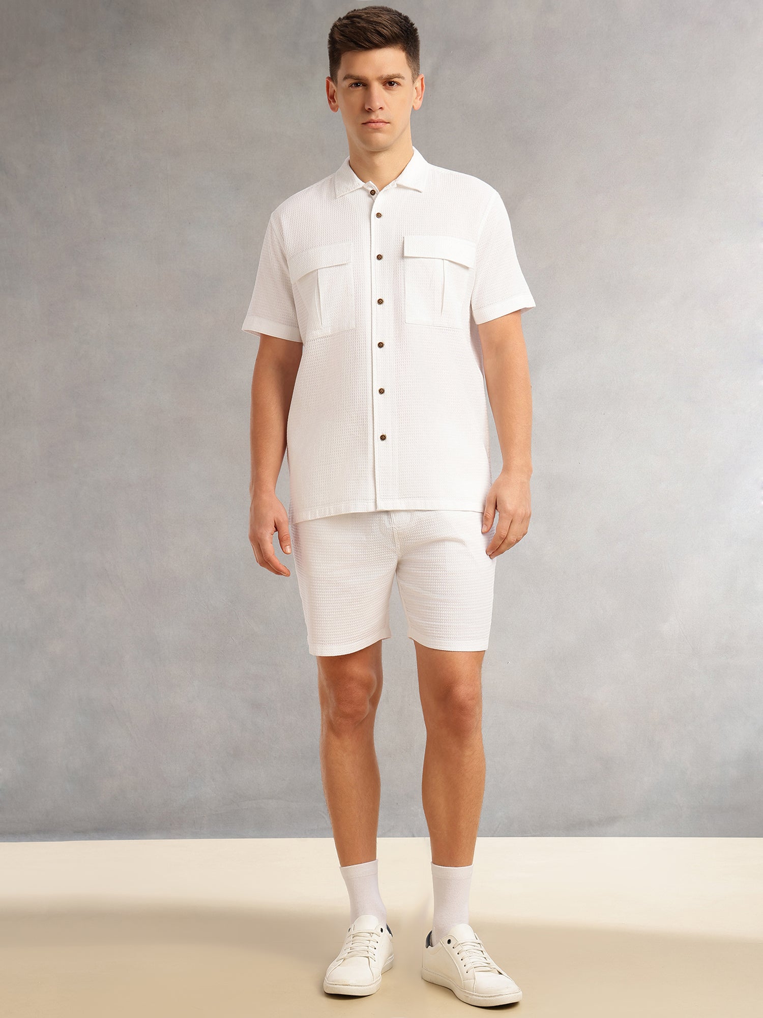 Thomas Scott Men White Cricket Club Collection Regular Fit Short Sleeves Self Design 100% Cotton Co-Ord Set with Shirt Collar