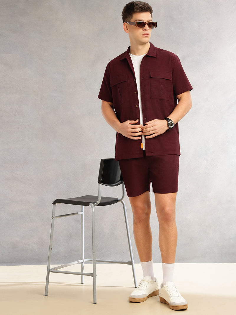 Thomas Scott Men Wine Cricket Club Collection Regular Fit Short Sleeves Self Design 100% Cotton Co-Ord Set with Shirt Collar