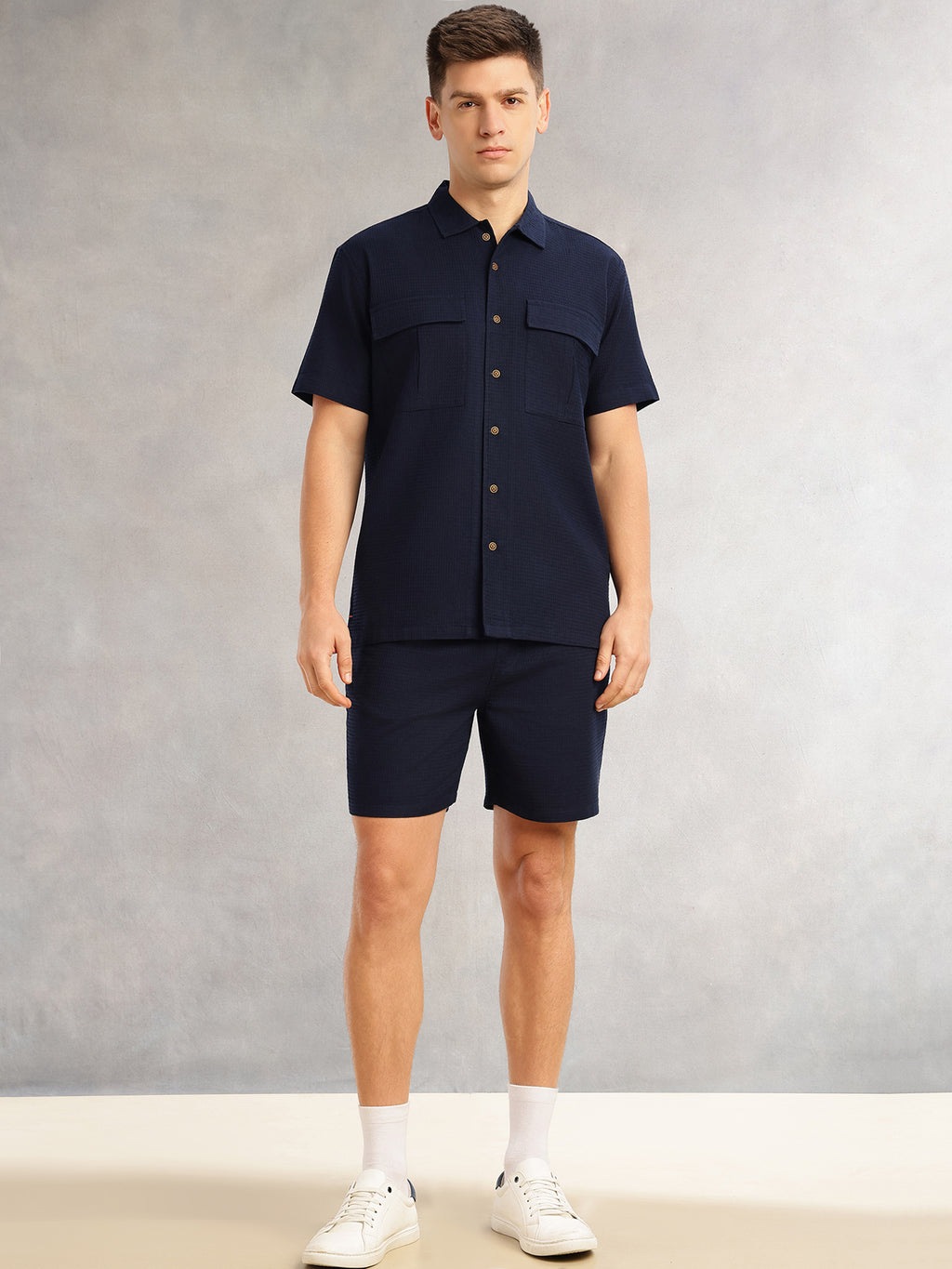 Thomas Scott Men Navy Cricket Club Collection Regular Fit Short Sleeves Self Design 100% Cotton Co-Ord Set with Shirt Collar