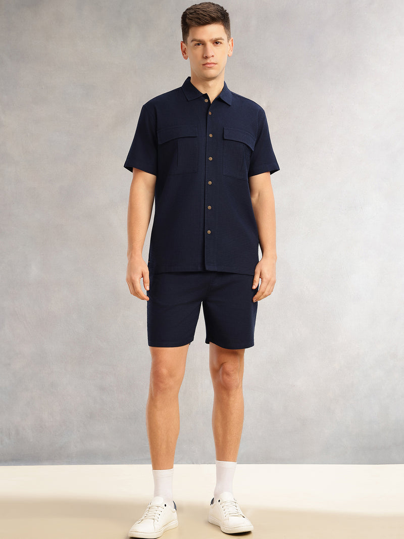 Thomas Scott Men Navy Cricket Club Collection Regular Fit Short Sleeves Self Design 100% Cotton Co-Ord Set with Shirt Collar