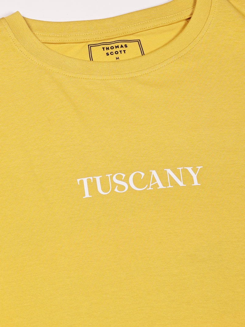 Thomas Scott Men Yellow Oversized Short Sleeves Round Neck Graphic Printed 100% Cotton Knitted T-shirt