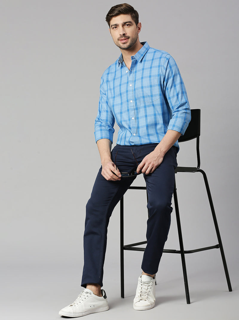 Thomas Scott Men Royal Blue Cricket Club Collection Slim Fit Long Sleeves Spread Collar Grid Tattersall Checks 100% Cotton Casual Shirt