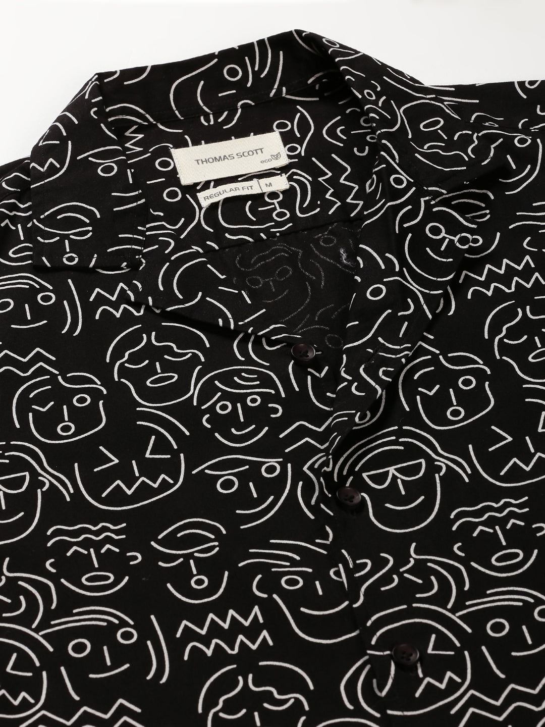 Thomas Scott Men Black Regular Fit 100% Cotton Conversational Printed Casual Shirt with Long Sleeves & Cuban Collar
