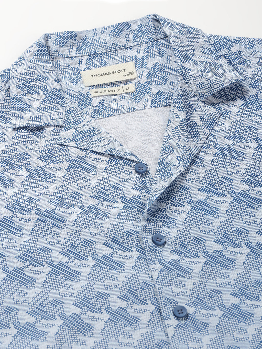 Thomas Scott Men Blue Regular Fit 100% Cotton Graphic Printed Casual Shirt with Long Sleeves & Cuban Collar