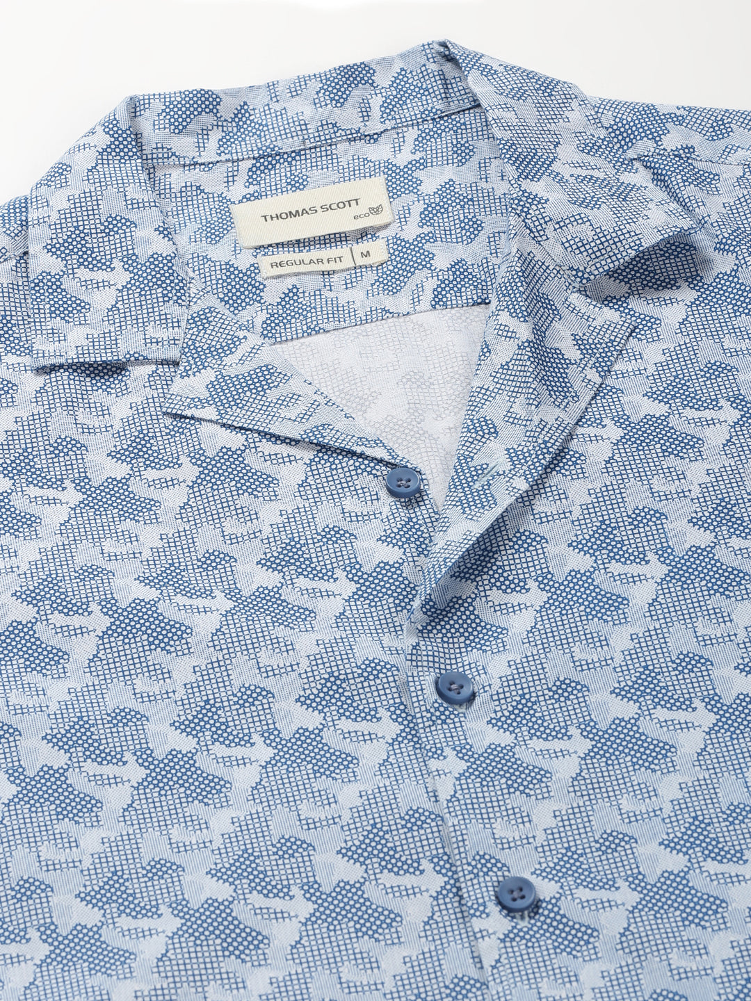 Thomas Scott Men Blue Regular Fit 100% Cotton Graphic Printed Casual Shirt with Long Sleeves & Cuban Collar