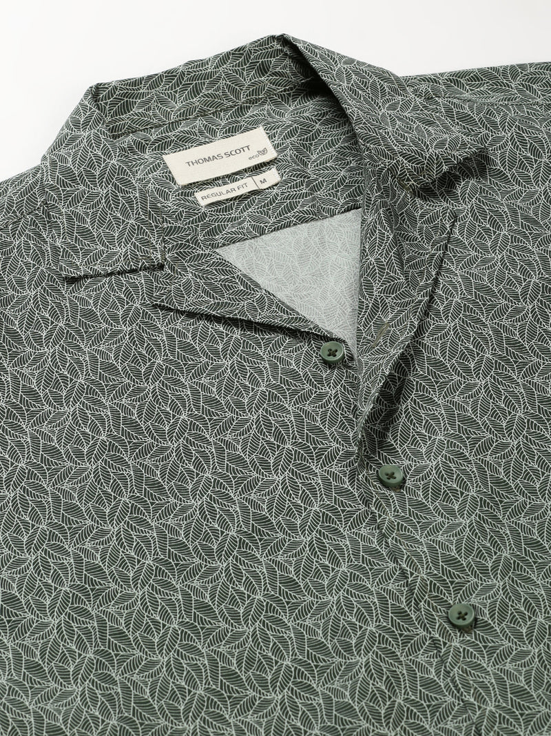 Thomas Scott Men Green Regular Fit 100% Cotton Floral Printed Casual Shirt with Long Sleeves & Cuban Collar