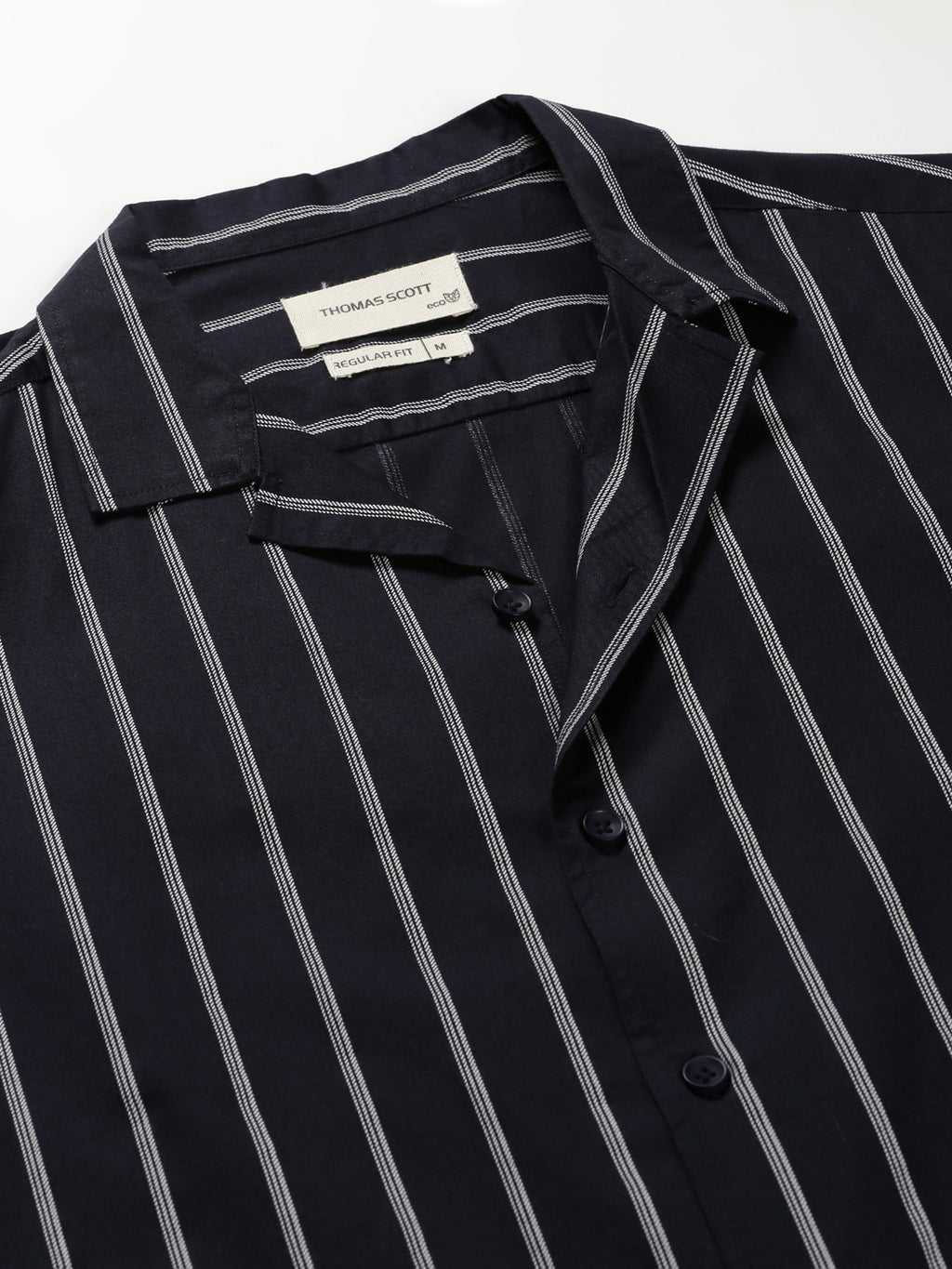 Thomas Scott Men Navy Regular Fit 100% Cotton Vertical Stripes Casual Shirt with Long Sleeves & Cuban Collar
